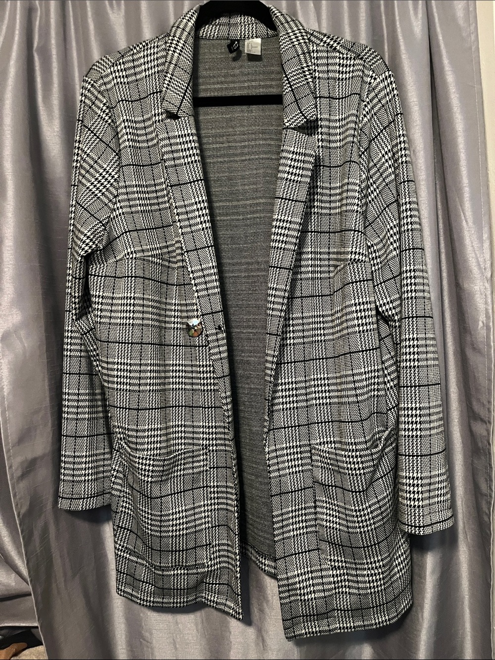 Houndstooth Plaid Open-Front Blazer Jacket - Black & White